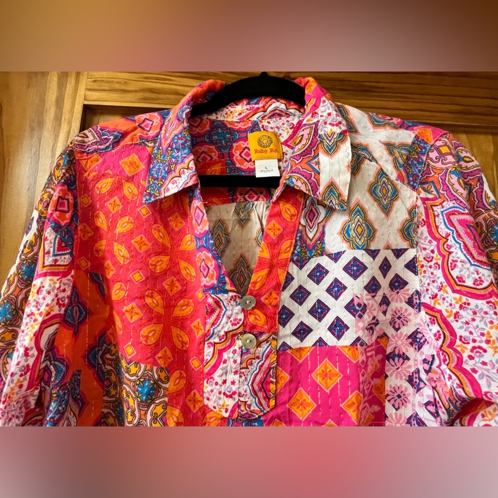 Ruby Rd. Vibrant Patchwork Blouse - Pink, Orange, Purple - Picture 10 of 12